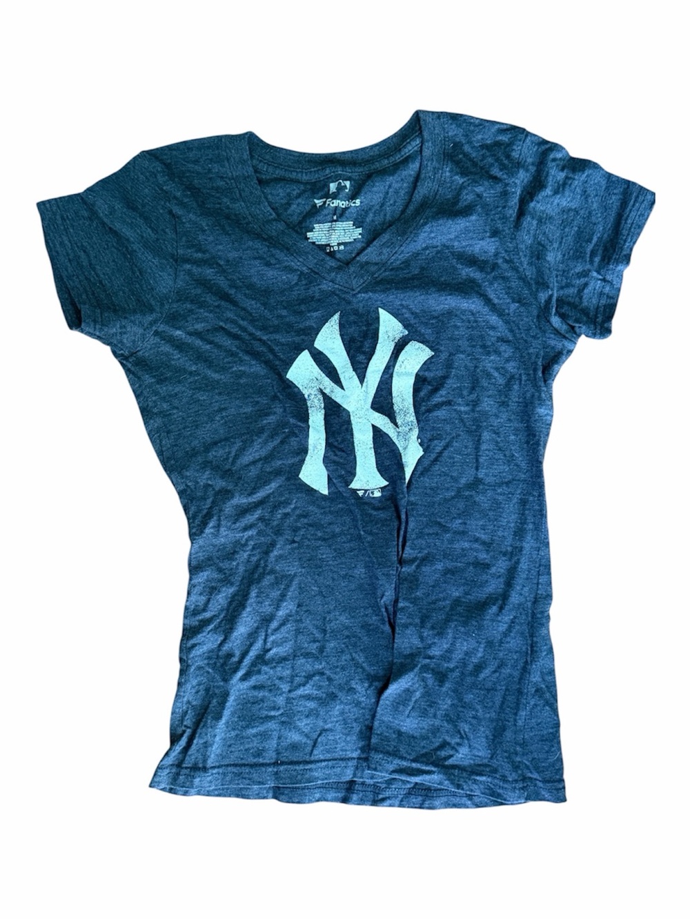 NY Yankees Navy V-Neck Tee with White Logo